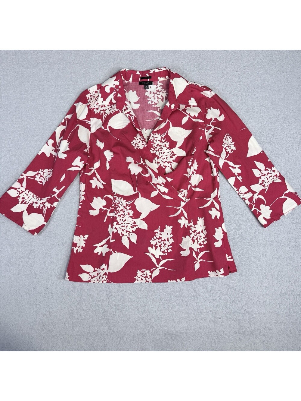 Talbots Faux Wrap Top Womens 6 Red White Floral 3/4 Sleeve Artsy Boho Maximal